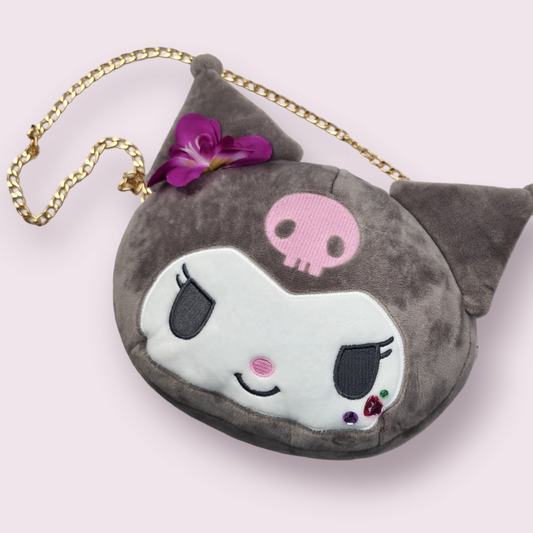 Kuromi Gray Face Purse with Flower and Dazzle (Japan Limited)