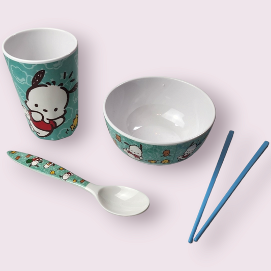 4pc Pochacco & Animals Dark Teal Plastic Dinnerware Plate and Cup Set