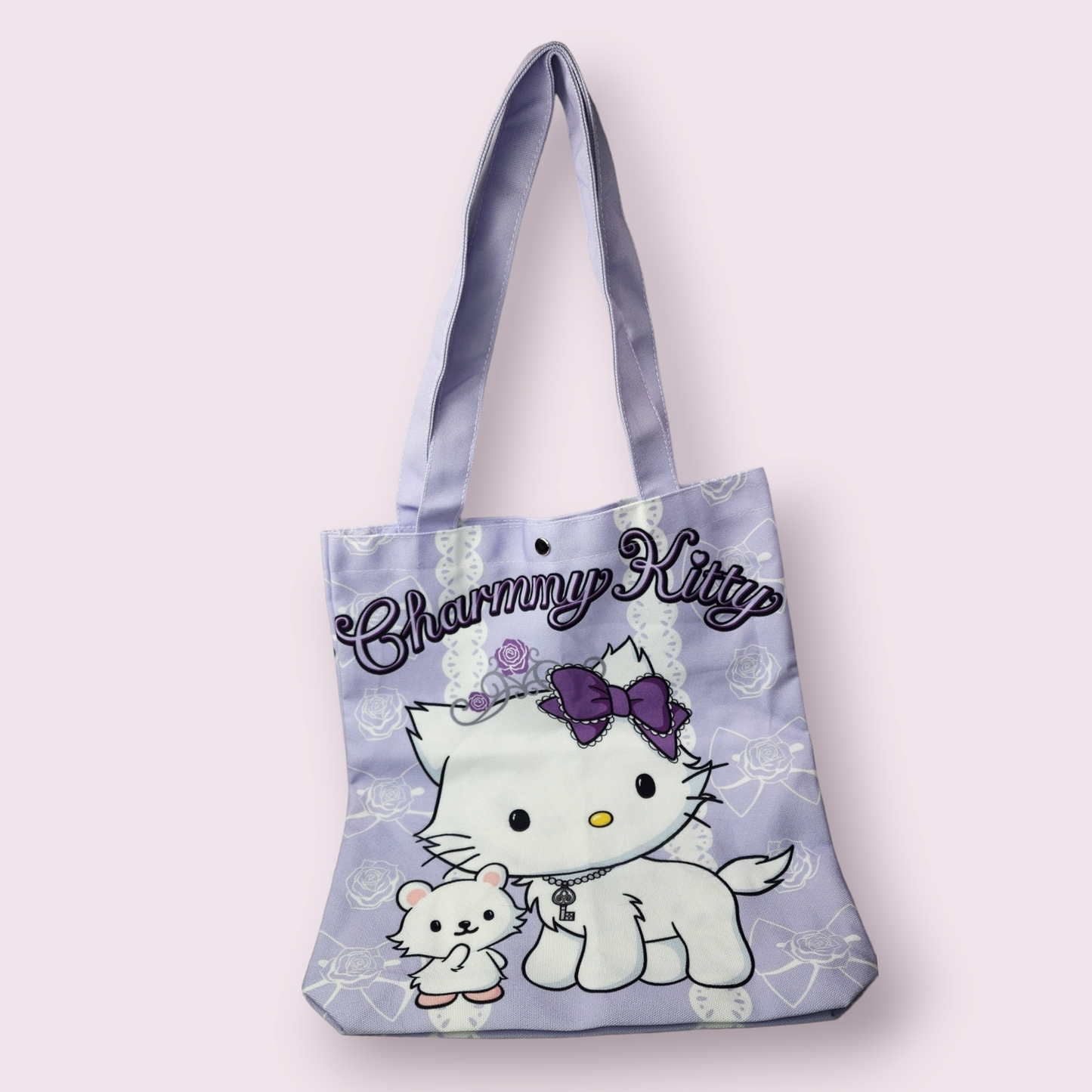 Charmmy Kitty Purple Button Canvas Tote Bag