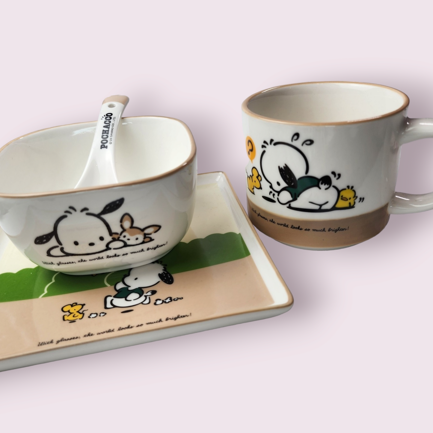 5pc Pochacco Ceramic Dinnerware Plate and Cup Set