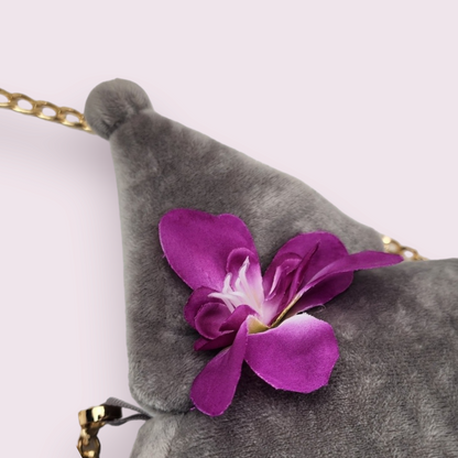 Kuromi Gray Face Purse with Flower and Dazzle (Japan Limited)